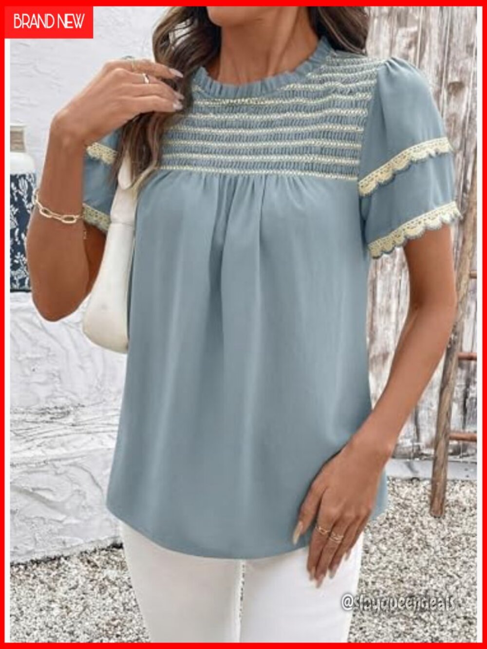 Women Crewneck Ruffle Short Sleeve Blouse Flowy Boho Top - Picture 4 of 7